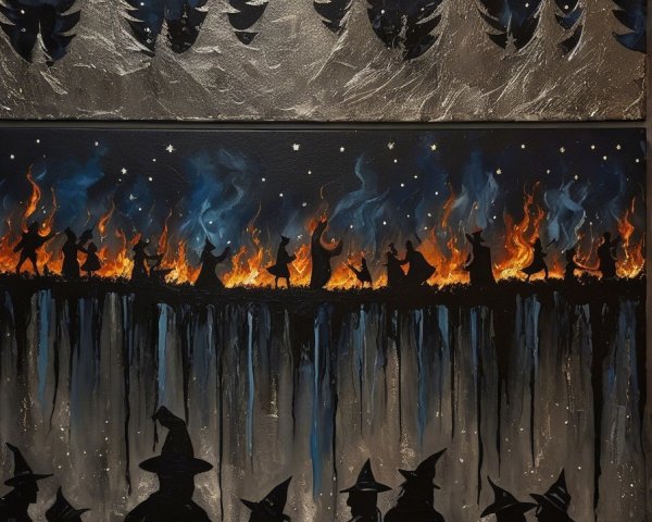 Nighttime Scene with Silver Trees and Silhouetted Figures