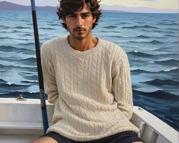 Young man in sweater on boat by calm blue sea