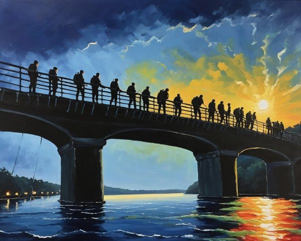 Military Figures Crossing a Sunset Bridge Scene