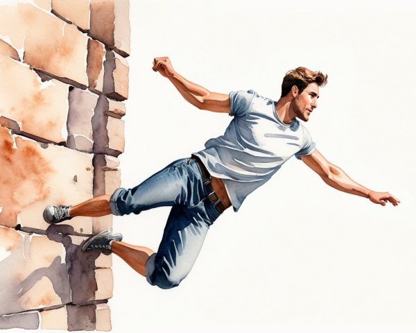 Dynamic Watercolor of Young Man in Mid-Leap