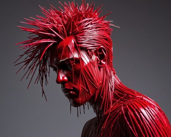 Avant-garde figure with red paint and spiky hair