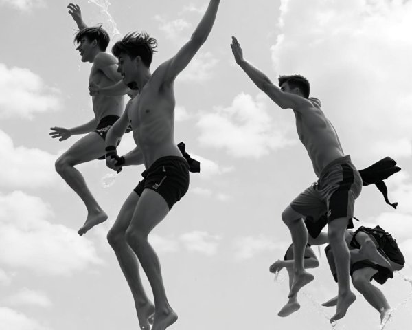 Silhouetted Figures Jumping in Splashing Water