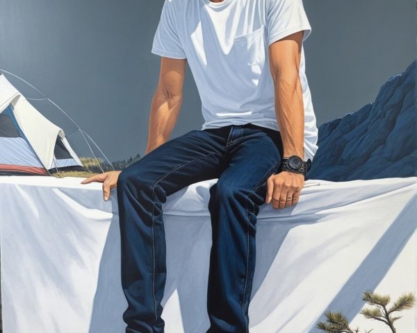 Man in casual attire on ledge with serene landscape