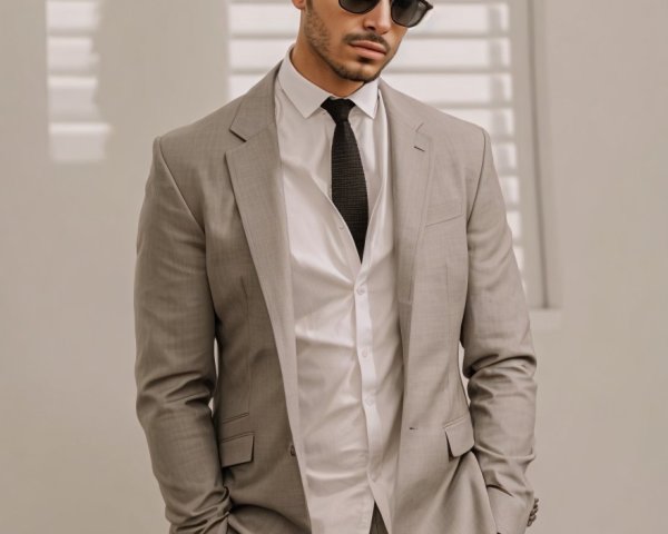 Young man in stylish gray suit and sunglasses