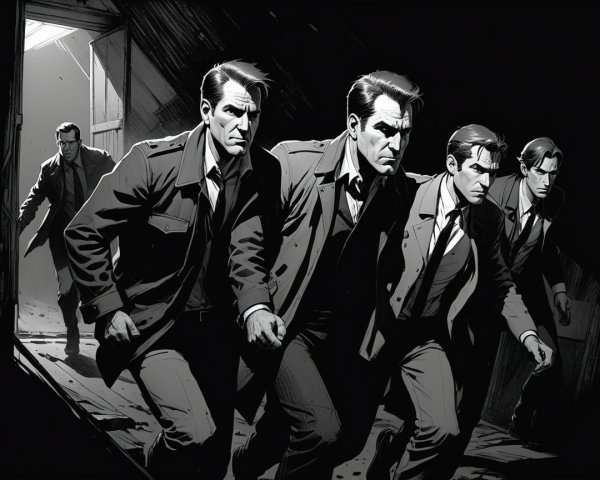 Group of Men in Dark Suits in Dimly Lit Building