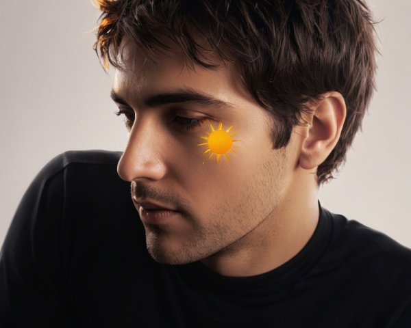 Portrait of a young man with whimsical sun graphic