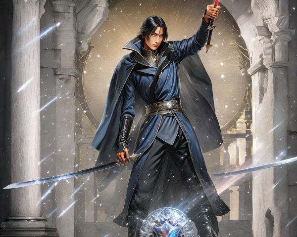 Heroic Figure in Ethereal Setting with Glowing Swords