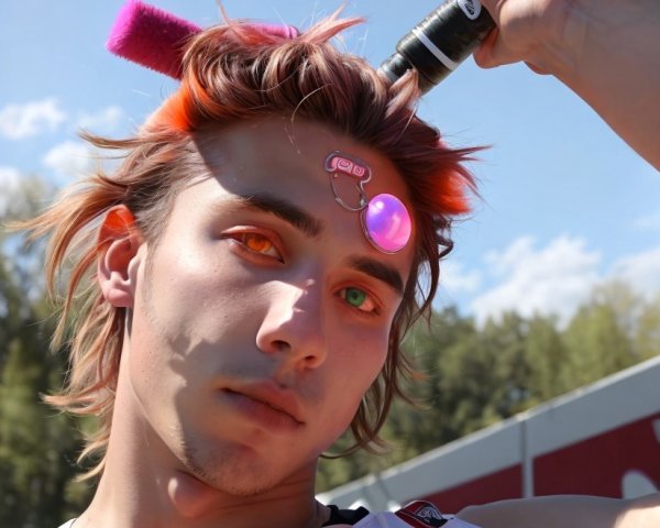 Young man with orange hair and vibrant eyes in blue sky