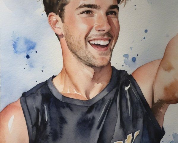 Vibrant Watercolor of Smiling Young Man in Jersey