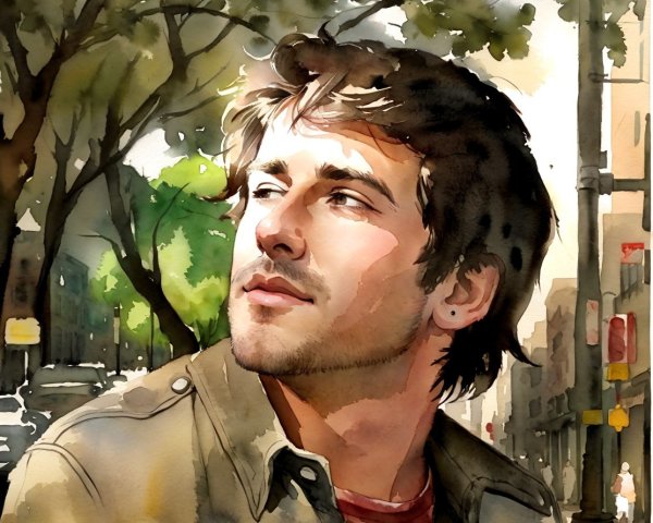 Young man in sunlight with calm expression and shadows