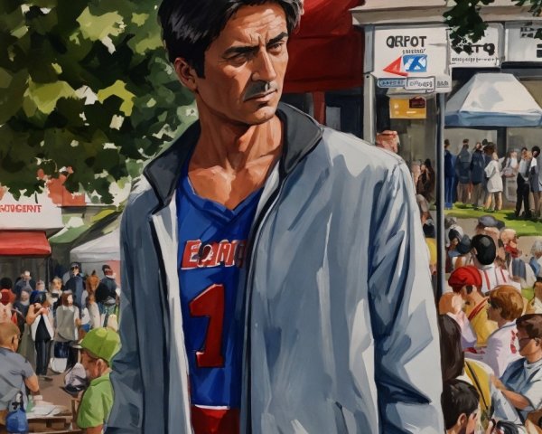 Focused Man in Blue Jersey Amidst Busy Street Scene