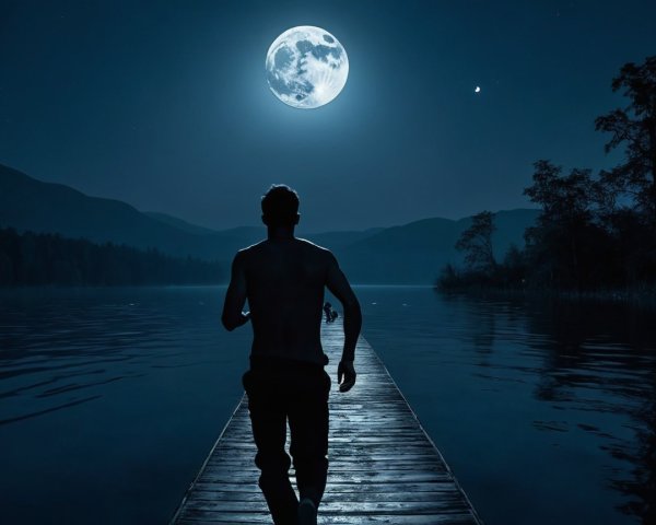 Silhouetted Figure on Dock by Moonlit Lake