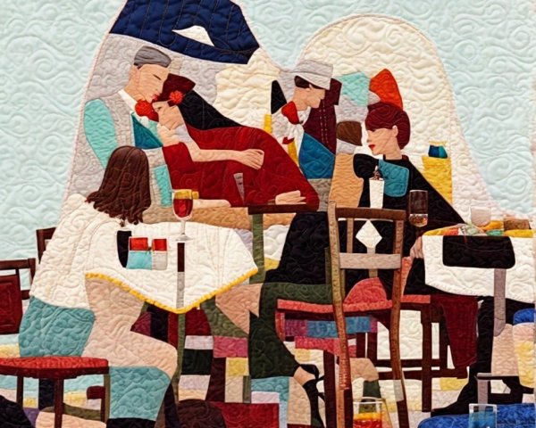 Vibrant Quilt Art of Lively Restaurant Scene
