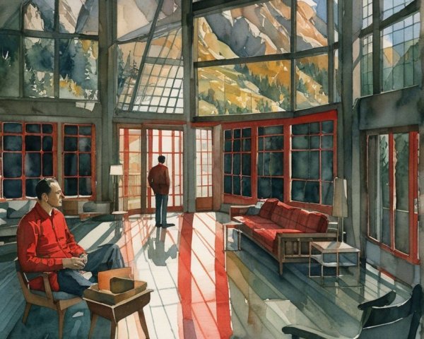 Modern cabin with large windows and mountain views