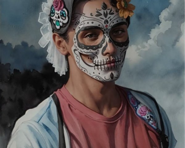 Young person with sugar skull face and floral headpiece