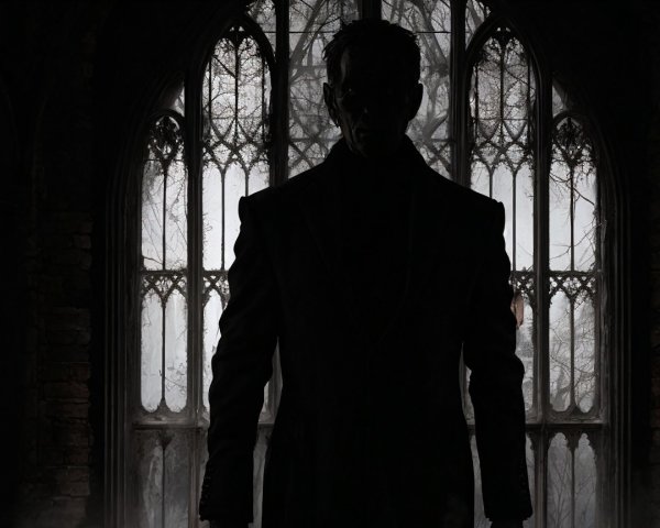 Silhouetted Figure at Ornate Arched Window in Fog