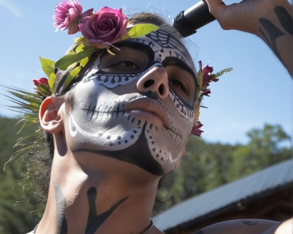 Confident Pose with Sugar Skull Makeup and Tattoos
