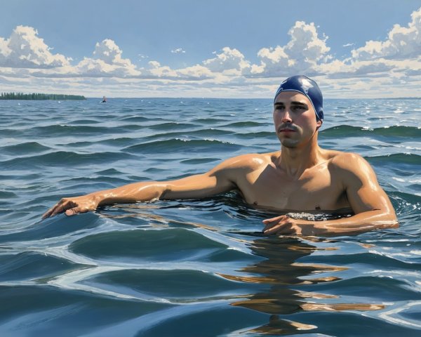 Young man in navy cap floating in calm water