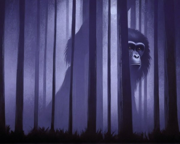 Misty Twilight Forest with Shadowy Gorilla Figure