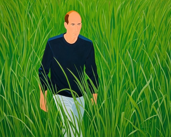 Solitary Figure in Vibrant Green Grass Landscape