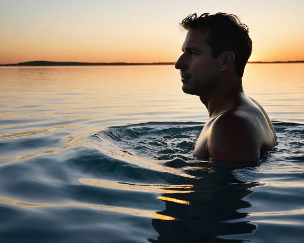 Man in water at sunset with serene reflections
