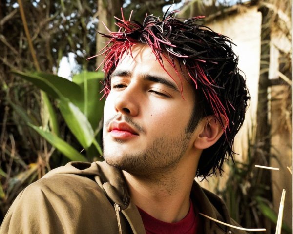 Young man with red-highlighted hair in natural setting