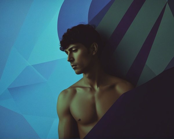 Young man with dark hair against geometric background