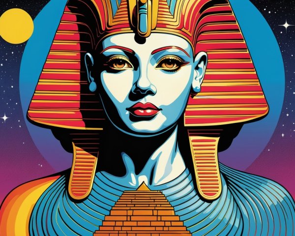 Stylized Ancient Egyptian Figure with Cosmic Background
