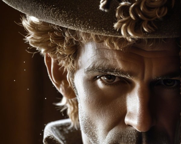 Half-Face Portrait of a Man in a Hat with Intense Gaze