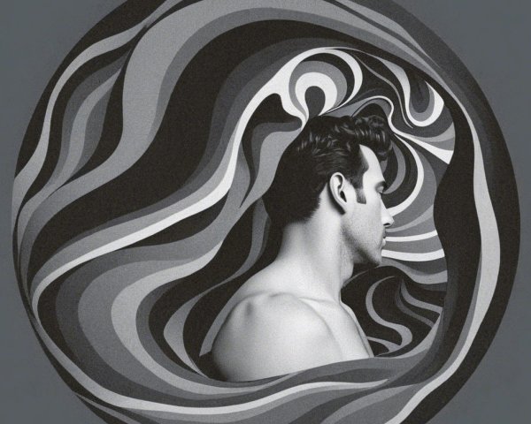 Monochromatic Illustration of a Man's Profile and Patterns