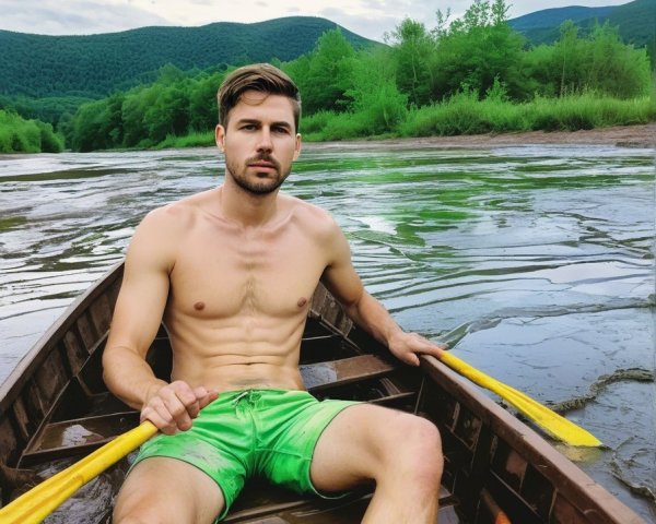 Young man in canoe on calm river with mountains