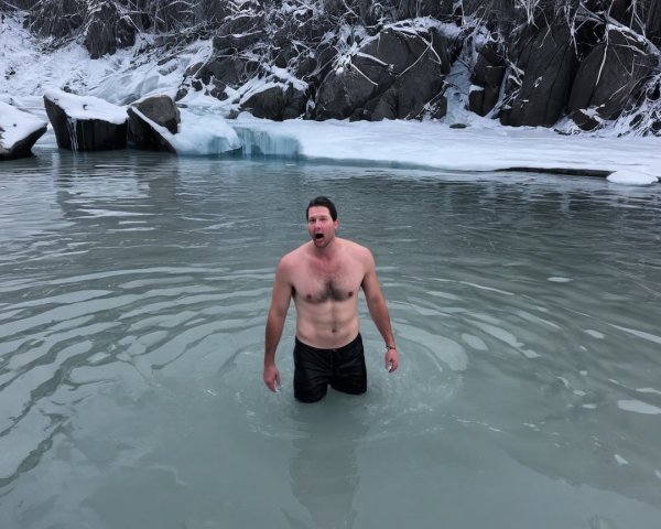 Man in Chilly Water Surrounded by Ice and Rocks
