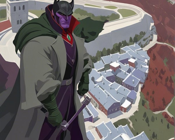 Figure on Cliff Overlooking Colorful Town Landscape