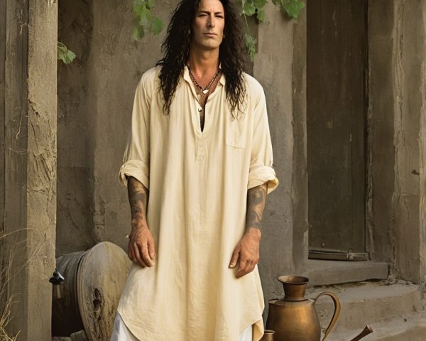 Confident Figure in Serene Outdoor Setting with Pottery