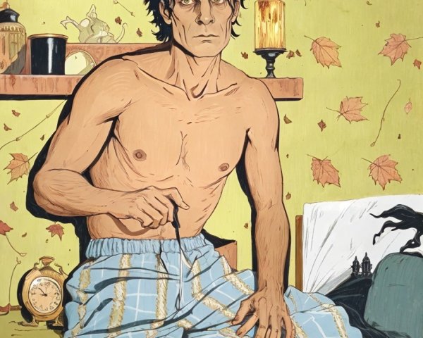 Shirtless Man in Blue Plaid Pajamas on Green Bench