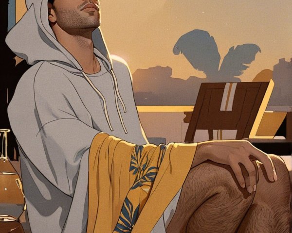 Relaxed Figure on Sunlit Balcony with Tropical Vibe