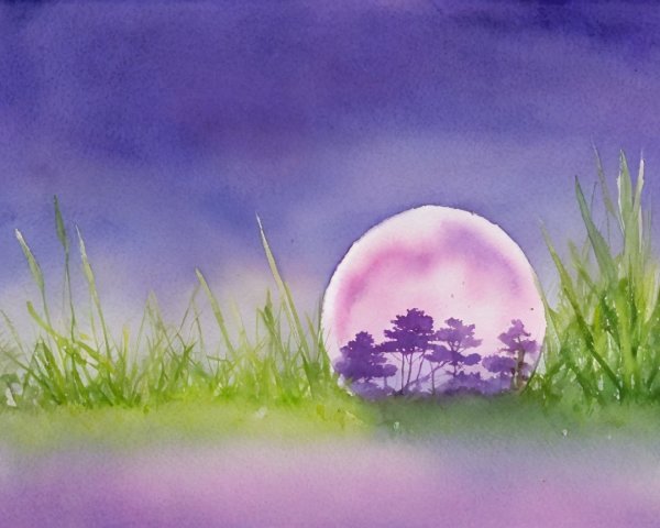 Watercolor Landscape with Gradient Sky and Bubble Reflection
