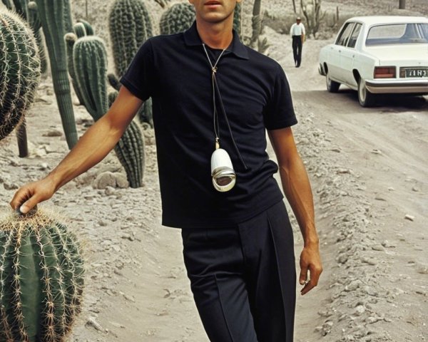 Stylish Man with Camera on Sandy Road by Cacti