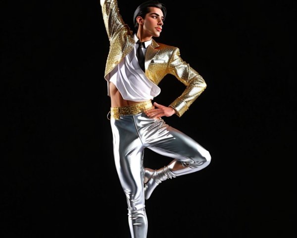 Male dancer in mid-air pose with shimmering outfit