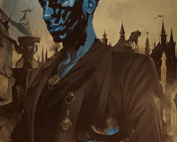 Portrait of a Man with Azure Skin in Fantasy Setting