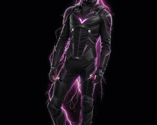 Futuristic superhero in black suit with purple accents