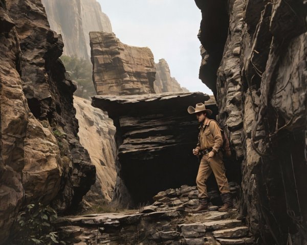 Lone Explorer in Rocky Landscape with Towering Cliffs