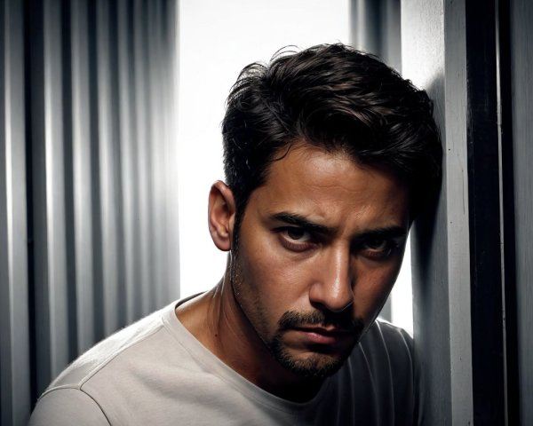 Young man in narrow space with dramatic lighting