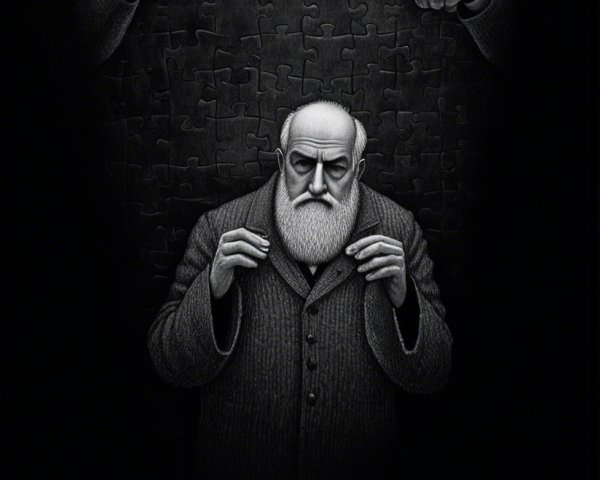 Solemn Man with Puzzle Pieces and Ascending Hands