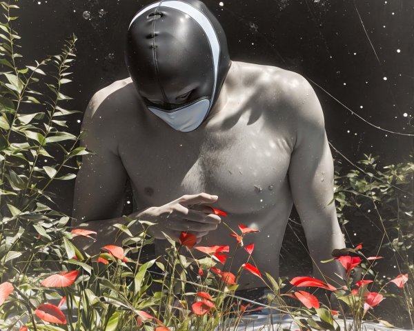Shirtless man in gas mask among vibrant foliage