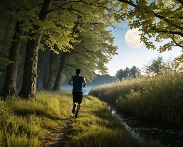 Runner on a peaceful forest trail by a river