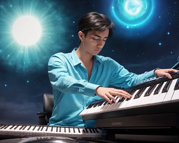 Young man playing keyboard in cosmic setting