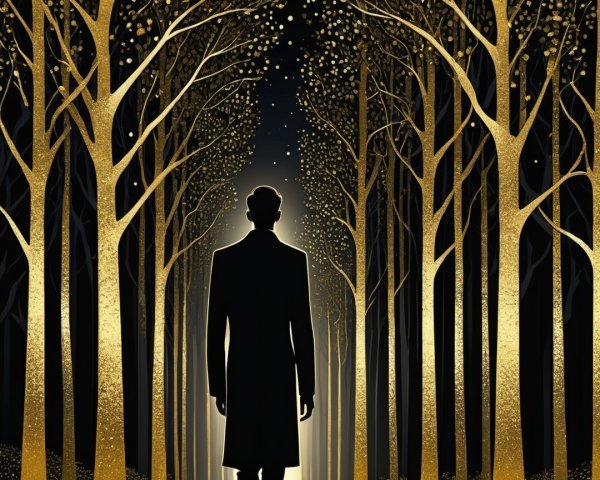 Silhouette in Glowing Light Among Golden Trees