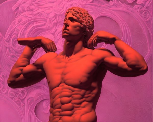 Muscular Classical Statue in Red with Floral Background