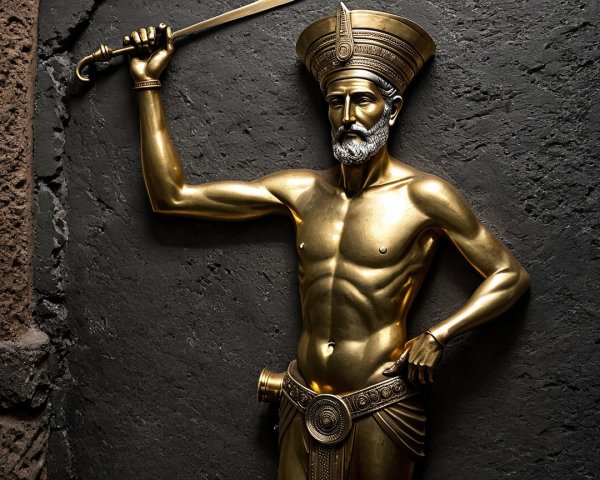 Golden Warrior Statue with Sword and Ornate Armor